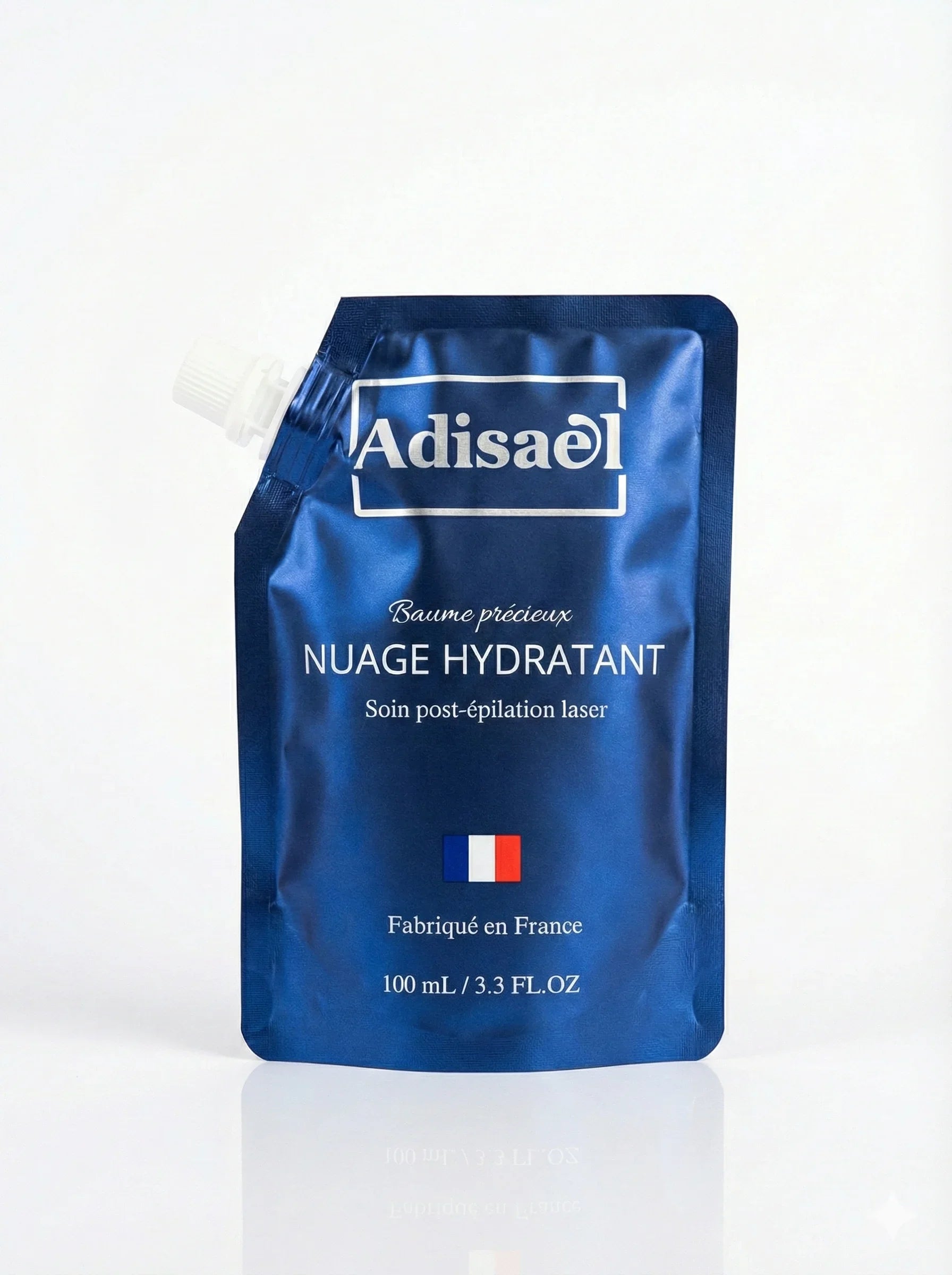 Baume hydratant Adisael en sachet bleu, soin post-épilation laser, fabriqué en France.